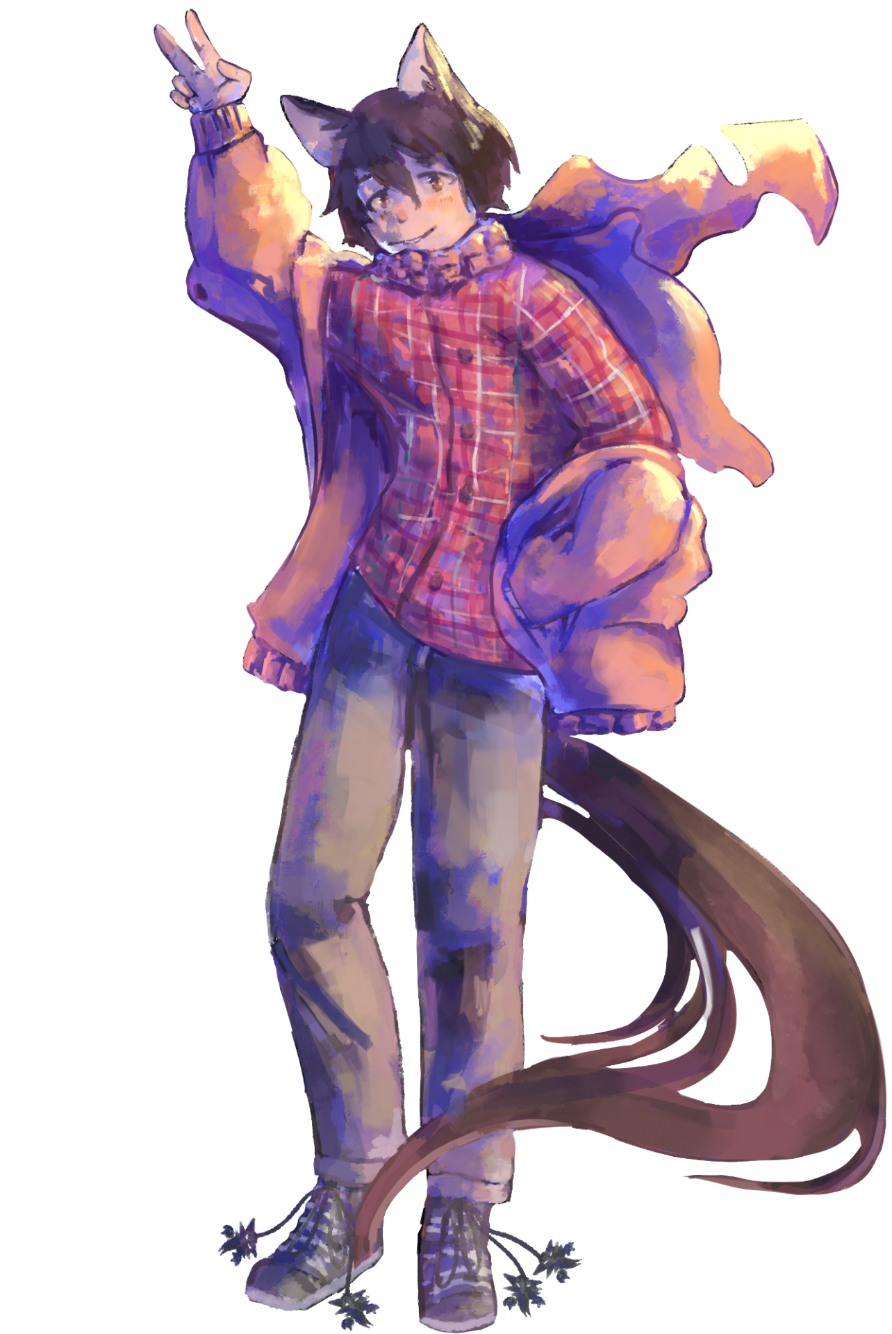 Avatar/Profilbild: Braunhaariger Mensch mit Wolfsohren, braunen Augen und rotem Hemd